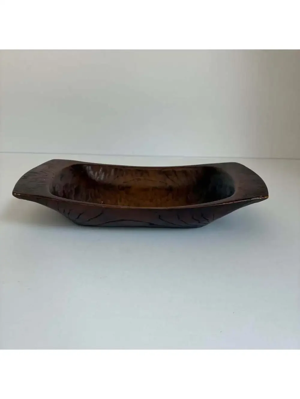 Vintage Japanese Carved Wood Bowl Tray 10” Signed Artisan Handled Rustic Decor